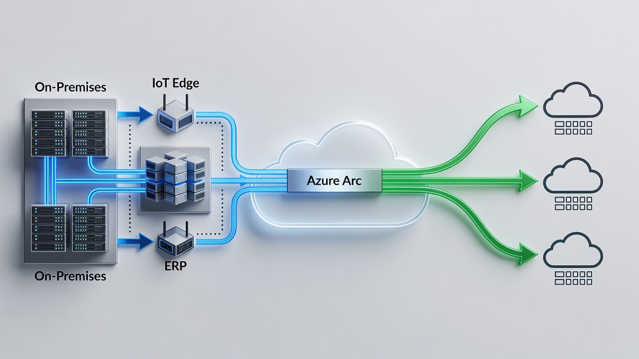 Technical diagram showing hybrid cloud architecture for Tampa businesses including on-premises servers, Azure Arc, IoT Edge devices, ERP systems, and secure connectivity to US Azure regions.