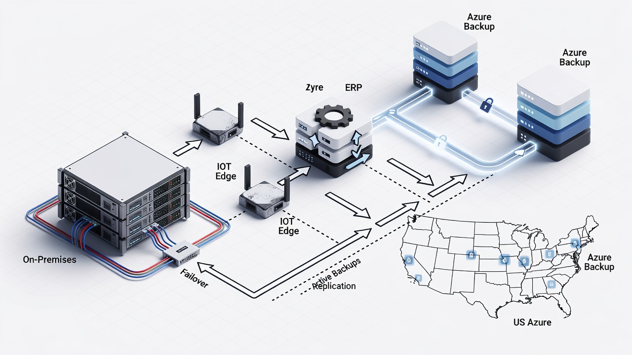 Technical diagram showing hybrid data backup architecture for Orlando manufacturing plants, including on-premises servers, Azure backup targets, IoT Edge devices, ERP systems, and secure connectivity to US Azure regions.