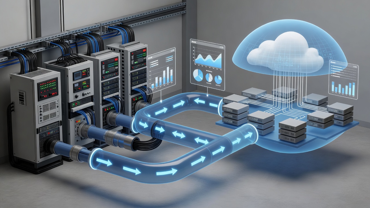 Technical diagram showing secure hybrid cloud architecture connecting factory PLC systems to Microsoft Azure via encrypted VPN with monitoring dashboards