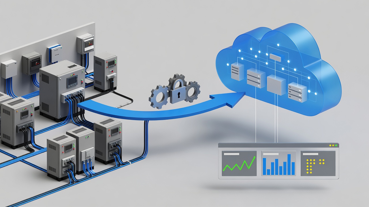 Technical diagram showing secure hybrid cloud architecture connecting factory PLC systems to Microsoft Azure via encrypted VPN with monitoring dashboards