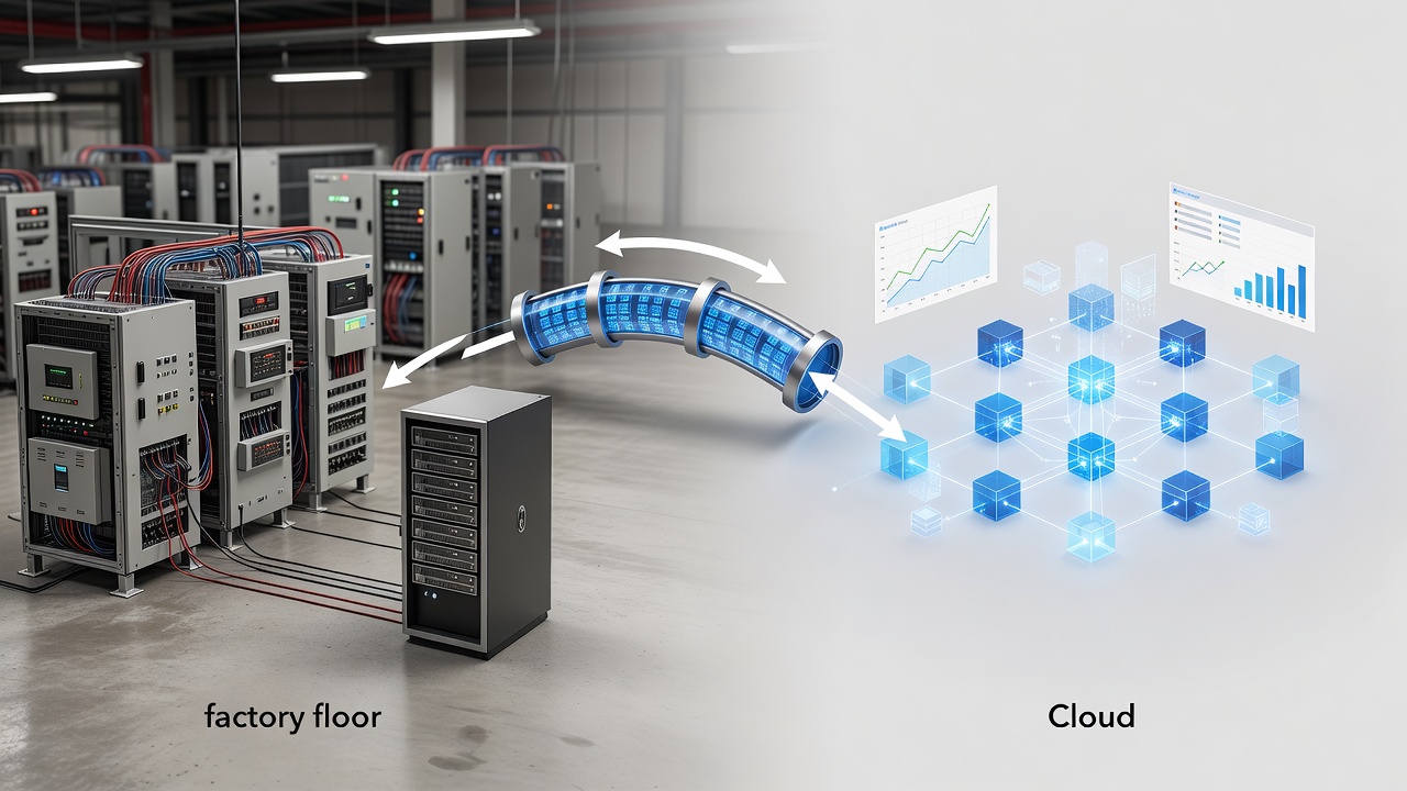 Technical diagram showing secure hybrid cloud architecture connecting factory PLC systems to Microsoft Azure via encrypted VPN with monitoring dashboards