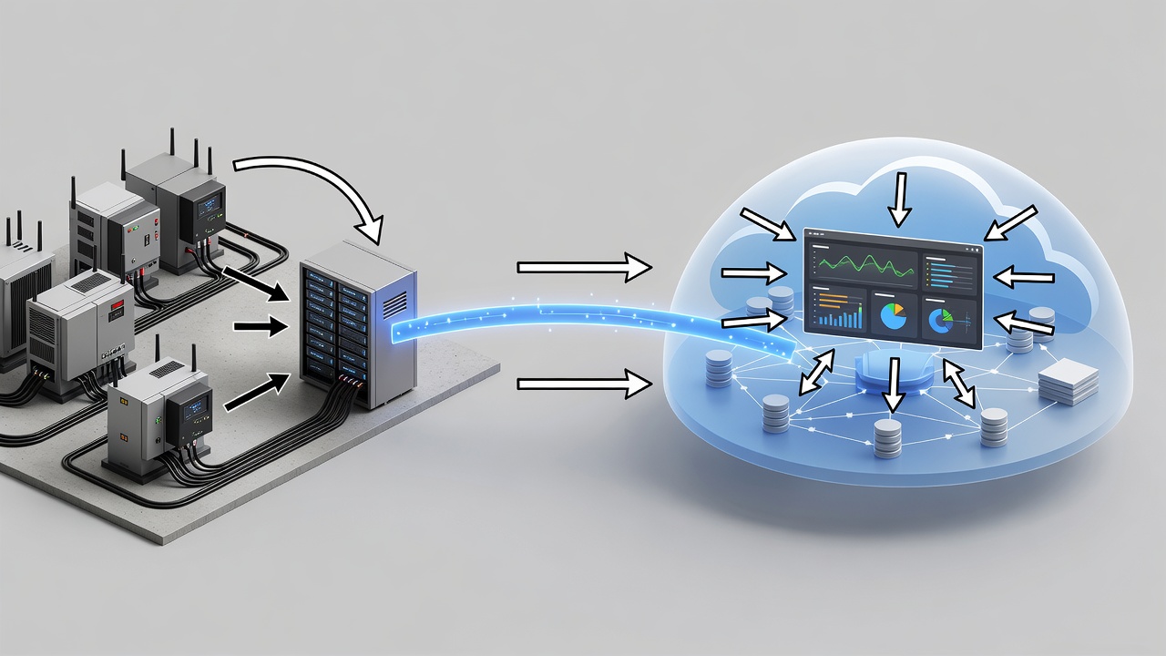 Technical diagram showing secure hybrid cloud architecture connecting factory PLC systems to Microsoft Azure via encrypted VPN with monitoring dashboards