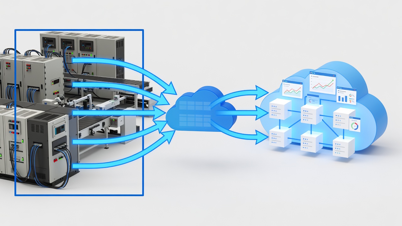 Technical diagram showing secure hybrid cloud architecture connecting factory PLC systems to Microsoft Azure via encrypted VPN with monitoring dashboards