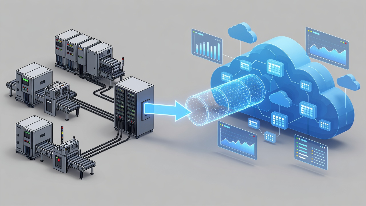 Technical diagram showing secure hybrid cloud architecture connecting factory PLC systems to Microsoft Azure via encrypted VPN with monitoring dashboards