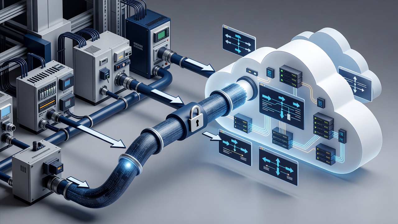Technical diagram showing secure hybrid cloud architecture connecting factory PLC systems to Microsoft Azure via encrypted VPN with monitoring dashboards