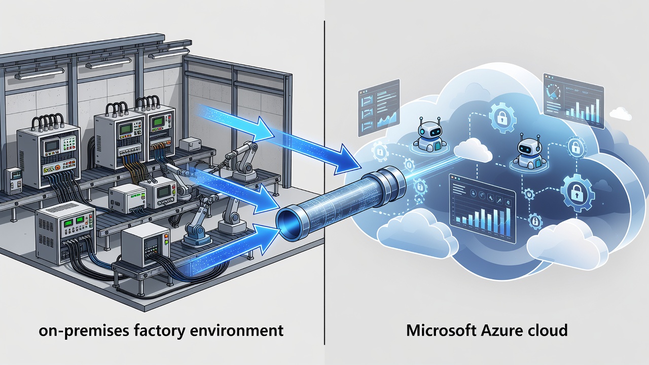Technical diagram showing secure hybrid cloud architecture connecting factory PLC systems to Microsoft Azure via encrypted VPN with monitoring dashboards and Azure Arc agents