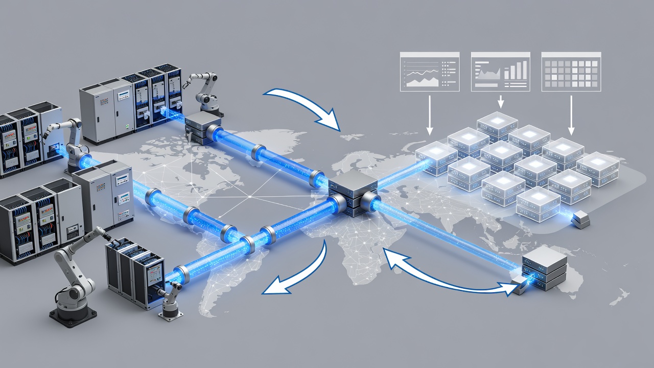Technical diagram showing secure hybrid cloud architecture connecting factory PLC systems to Microsoft Azure via encrypted VPN with monitoring dashboards and Azure Arc agents