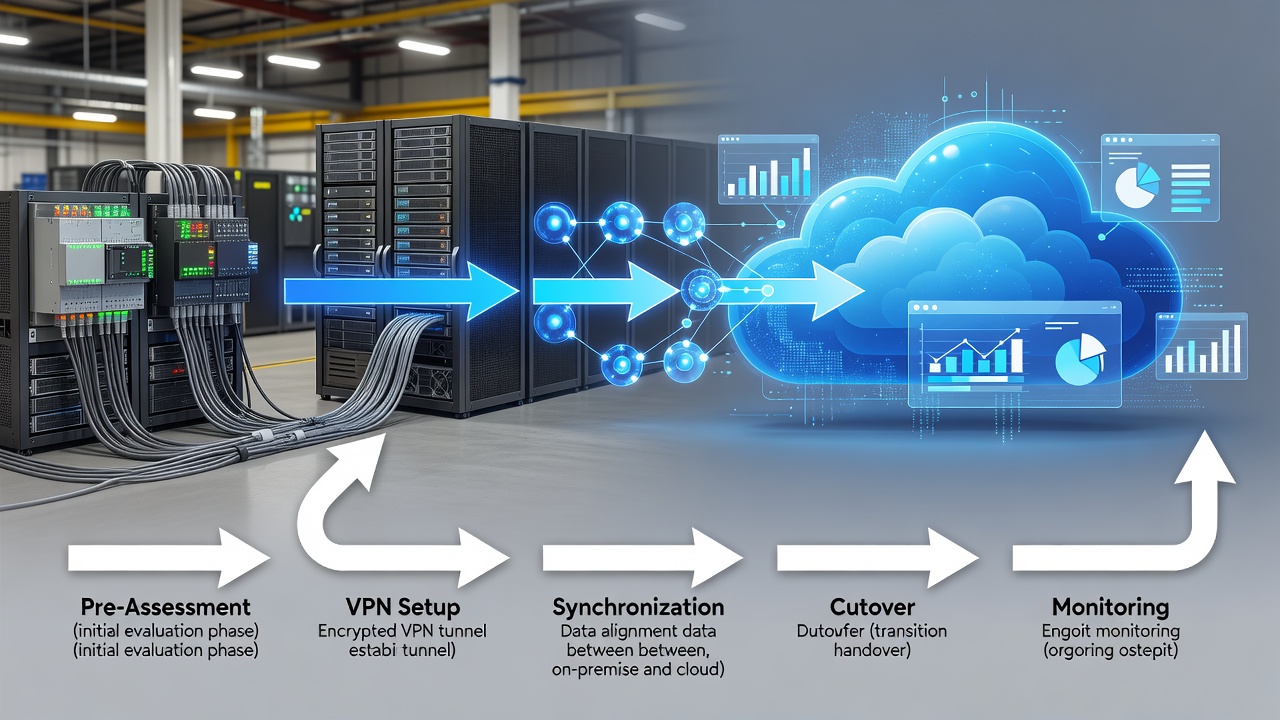 Technical diagram showing secure hybrid cloud architecture connecting factory PLC systems to Microsoft Azure via encrypted VPN with monitoring dashboards and step-by-step flow arrows labeled Pre-Assessment, VPN Setup, Synchronization, Cutover, and Monitoring