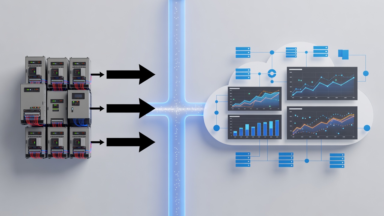 Technical diagram showing secure hybrid cloud architecture connecting factory PLC systems to Microsoft Azure via encrypted VPN with monitoring dashboards