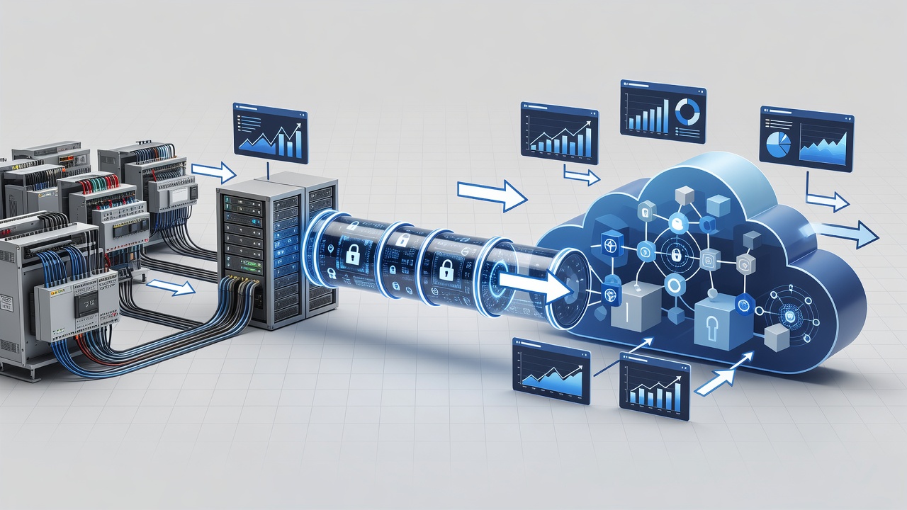 Technical diagram showing secure hybrid cloud architecture connecting factory PLC systems to Microsoft Azure via encrypted VPN with monitoring dashboards for Central Florida manufacturers