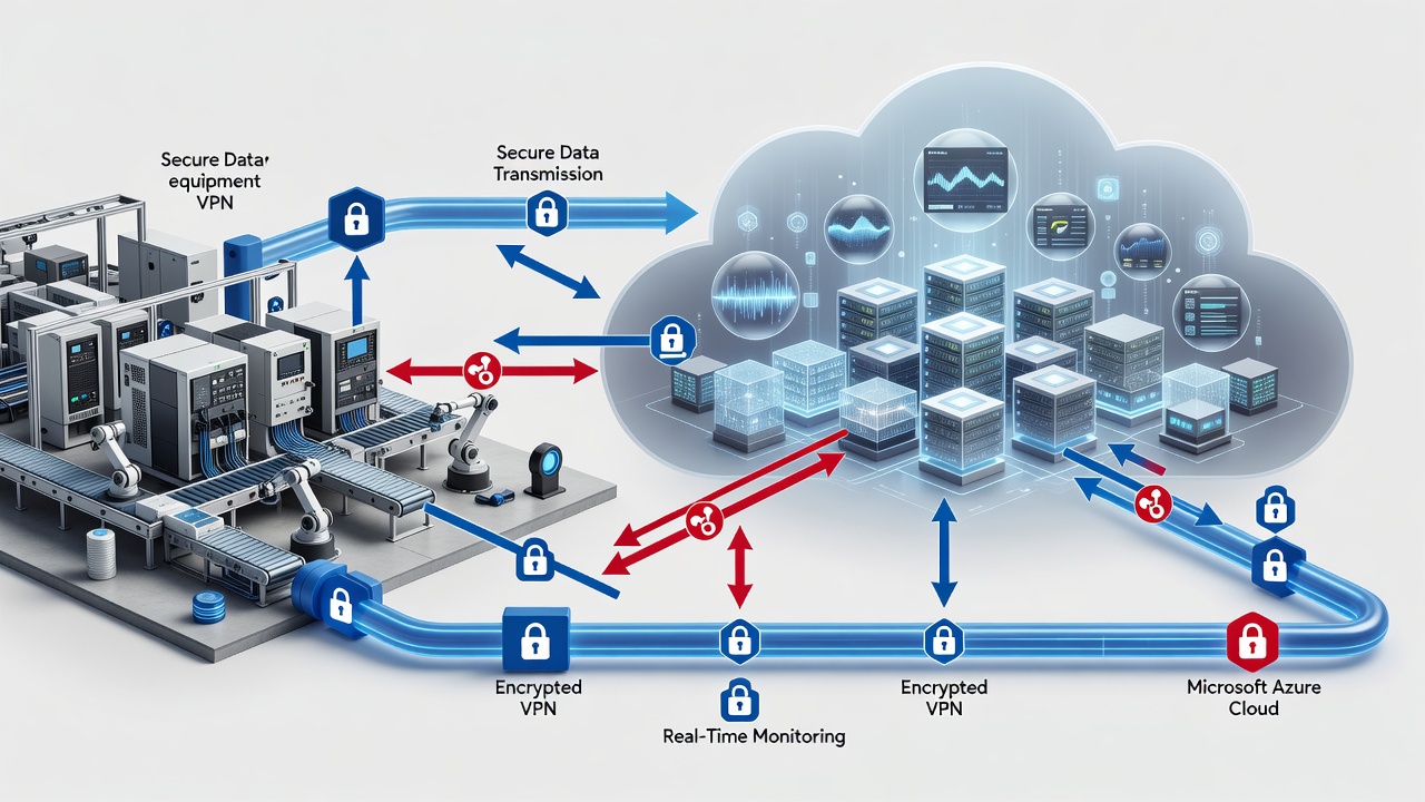 Technical diagram showing secure hybrid cloud architecture connecting factory PLC systems to Microsoft Azure via encrypted VPN with monitoring dashboards for Maitland manufacturers