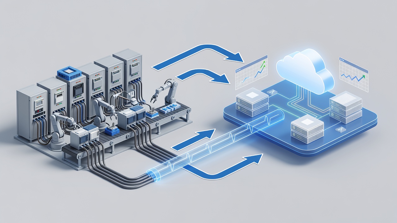 Technical diagram showing secure hybrid cloud architecture connecting factory PLC systems to Microsoft Azure via encrypted VPN with monitoring dashboards for Orlando manufacturers