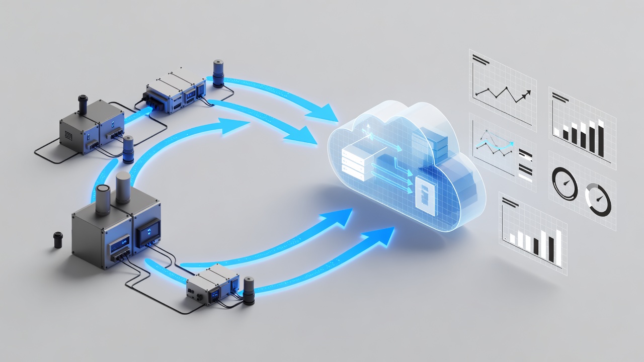Technical diagram showing secure hybrid cloud architecture connecting factory PLC systems to Microsoft Azure via encrypted VPN with monitoring dashboards
