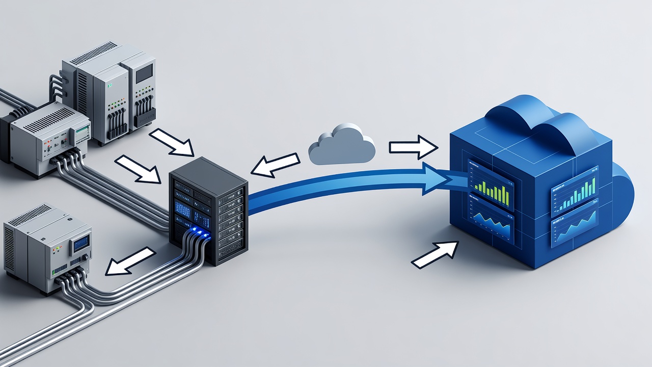 Technical diagram showing secure hybrid cloud architecture connecting factory PLC systems to Microsoft Azure via encrypted VPN with monitoring dashboards