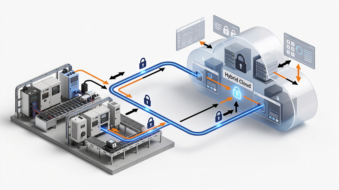 Technical diagram showing secure hybrid cloud architecture connecting factory PLC systems to Microsoft Azure via encrypted VPN with monitoring dashboards