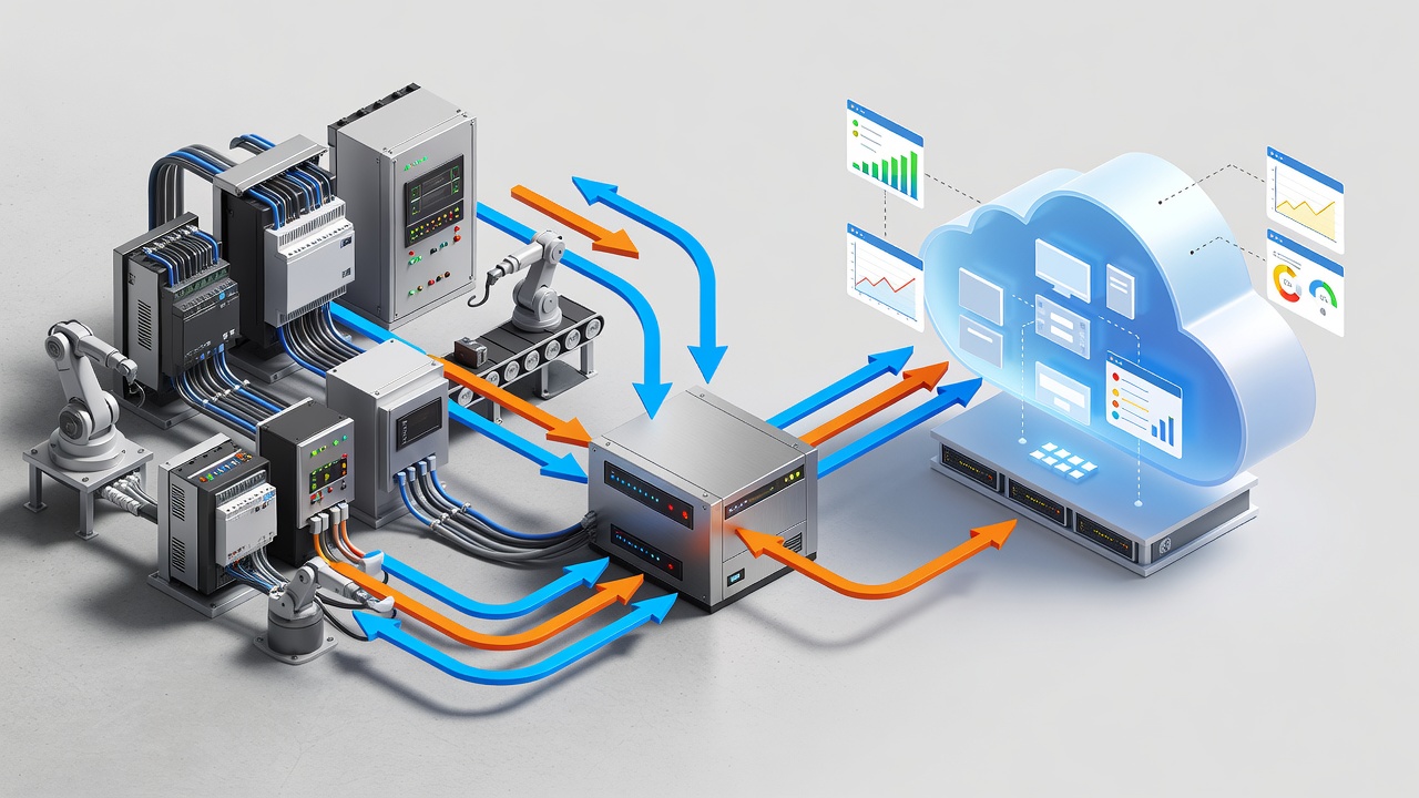 Technical diagram showing secure hybrid cloud architecture connecting factory PLC systems to Microsoft Azure via encrypted VPN with monitoring dashboards
