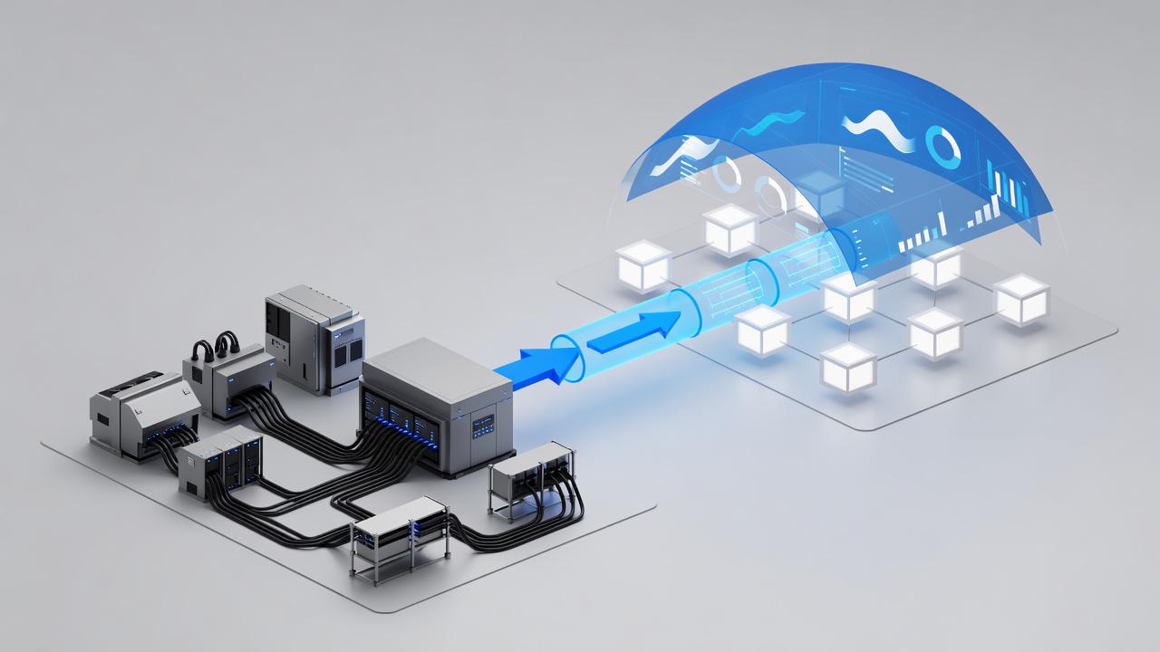Technical diagram showing secure hybrid cloud architecture connecting factory PLC systems to Microsoft Azure via encrypted VPN with monitoring dashboards