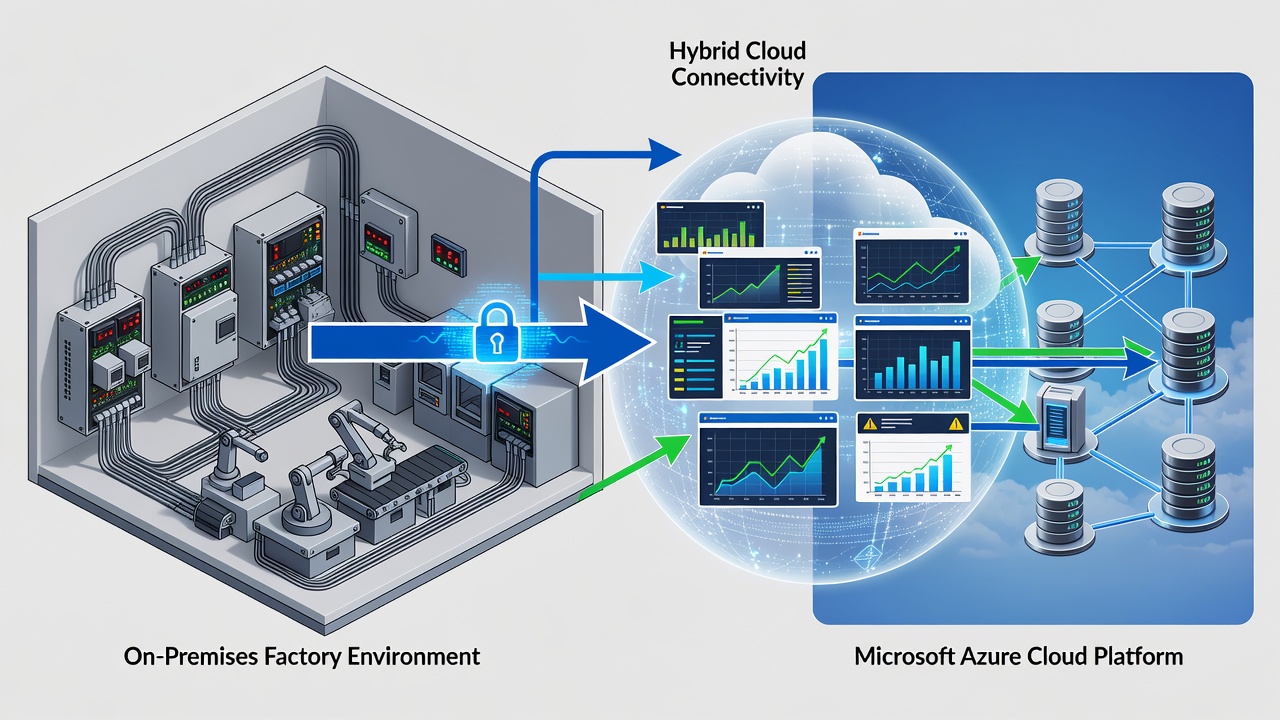 Technical diagram showing secure hybrid cloud architecture connecting factory PLC systems to Microsoft Azure via encrypted VPN with monitoring dashboards