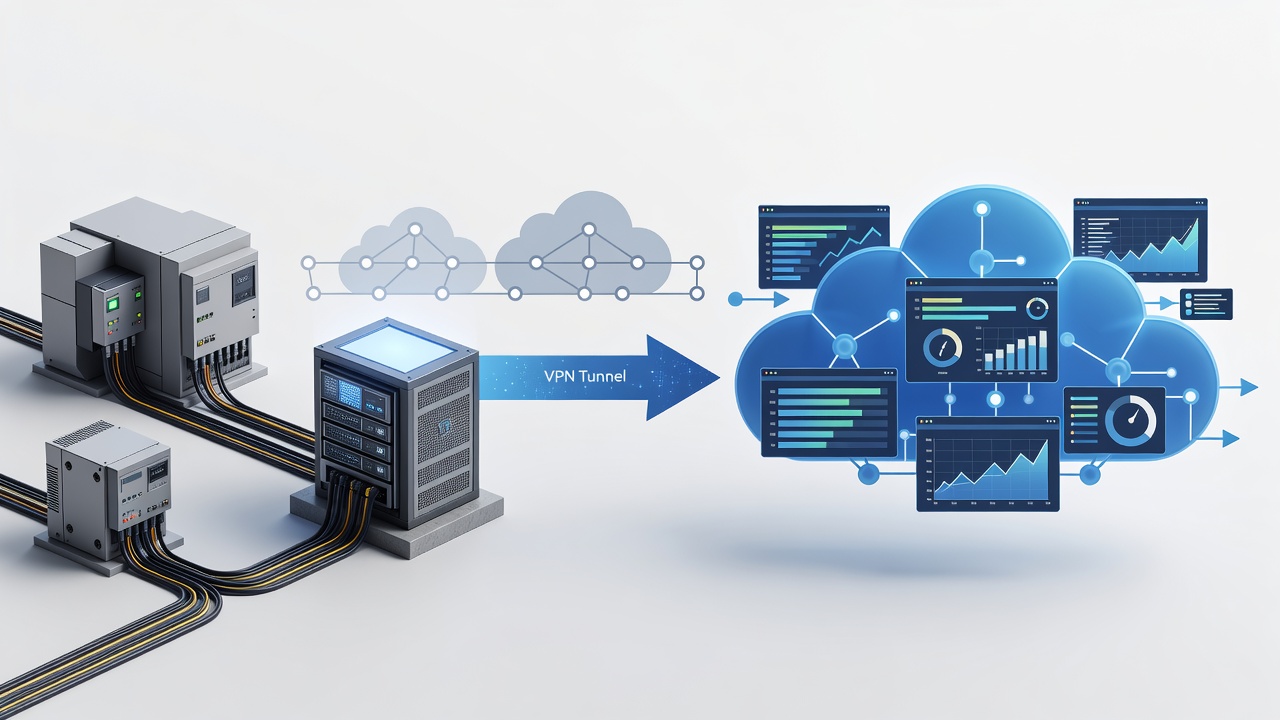 Technical diagram showing secure hybrid cloud architecture connecting factory PLC systems to Microsoft Azure via encrypted VPN with monitoring dashboards