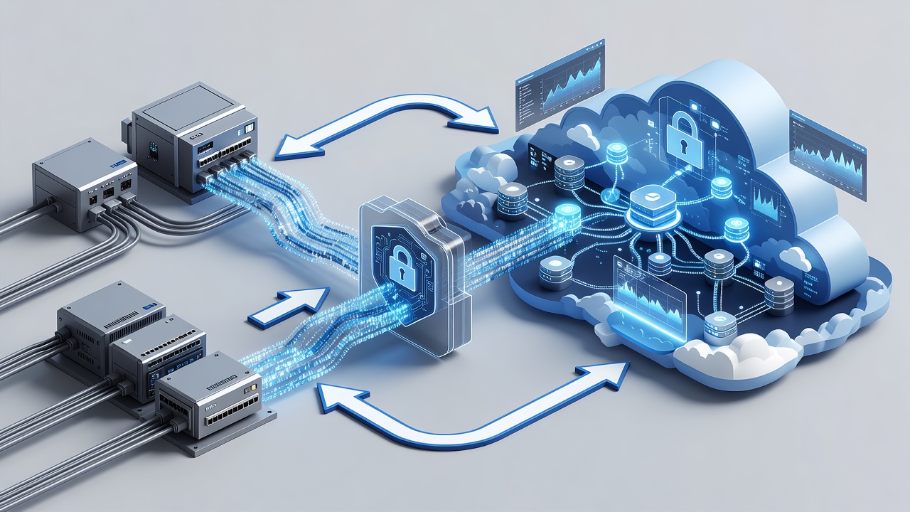 Technical diagram showing secure hybrid cloud architecture connecting factory PLC systems to Microsoft Azure via encrypted VPN with monitoring dashboards