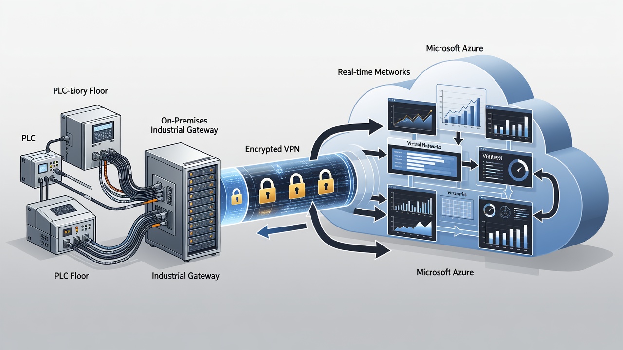 Technical diagram showing secure hybrid cloud architecture connecting factory PLC systems to Microsoft Azure via encrypted VPN with real-time monitoring dashboards for Orlando manufacturers