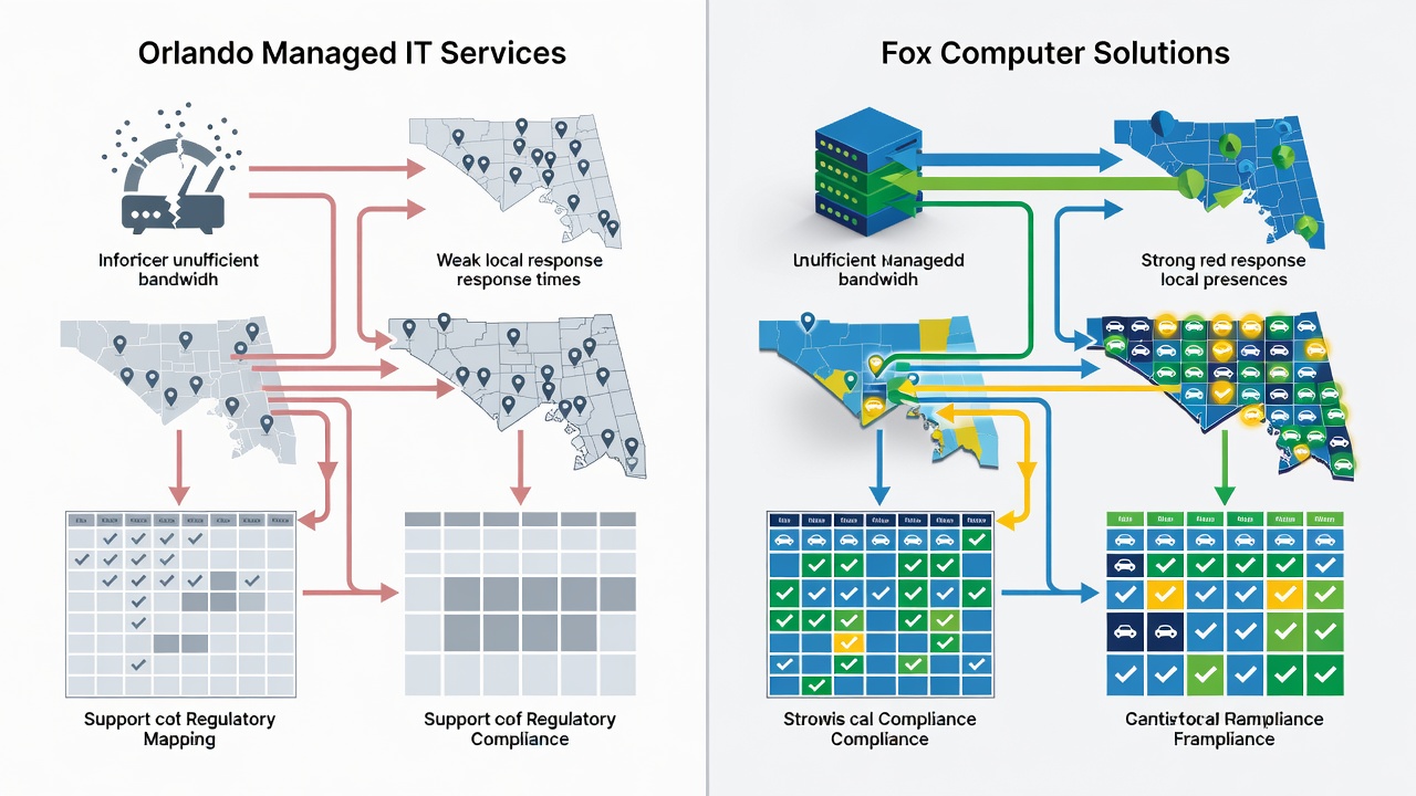 Visual comparison chart highlighting typical Orlando Managed IT Services pitfalls such as underestimating bandwidth needs, weak local response, and missing compliance mapping versus the Fox Computer Solutions approach.