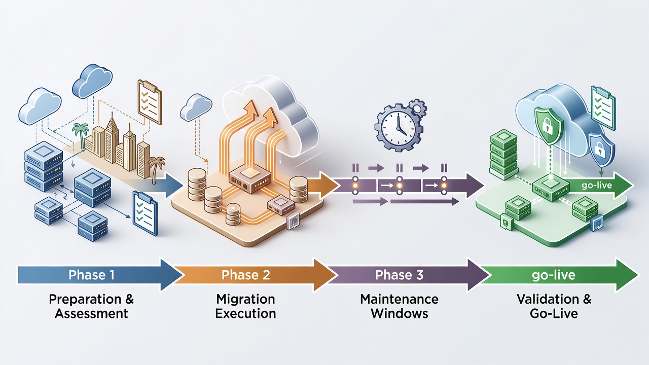 Visual timeline diagram of a phased cloud cutover process for Miami businesses highlighting maintenance windows and validation checkpoints.