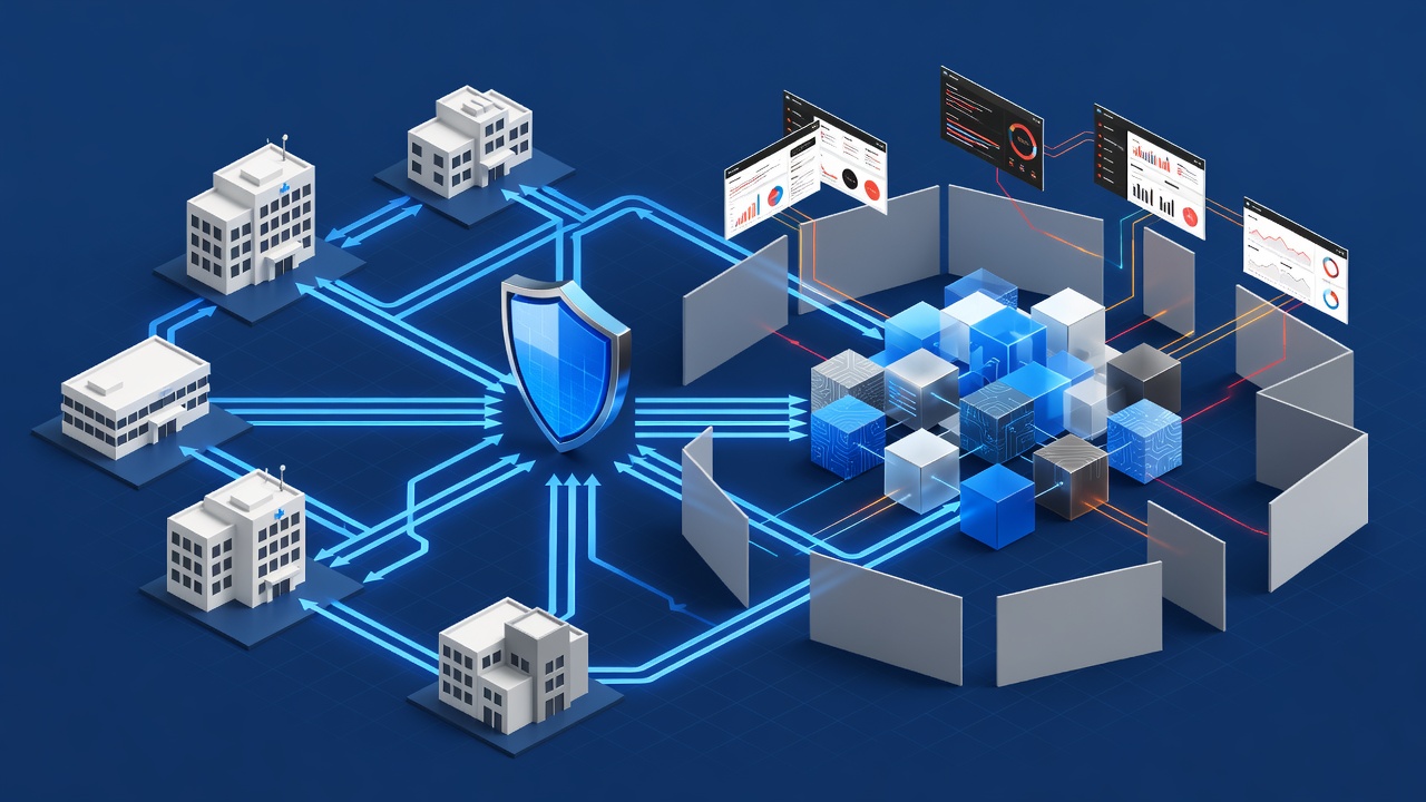 Clean technical diagram showing secure VoIP encryption flow connecting Longwood healthcare clinics to Azure hybrid environment with zero-trust segmentation and monitoring dashboards