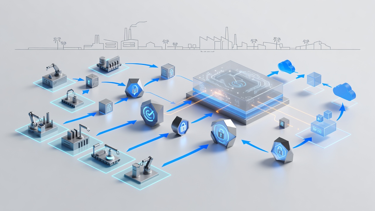 Detailed technical diagram showing zero-trust identity verification flows and micro-segmentation boundaries for manufacturing IoT systems using Azure Arc governance in Central Florida factories