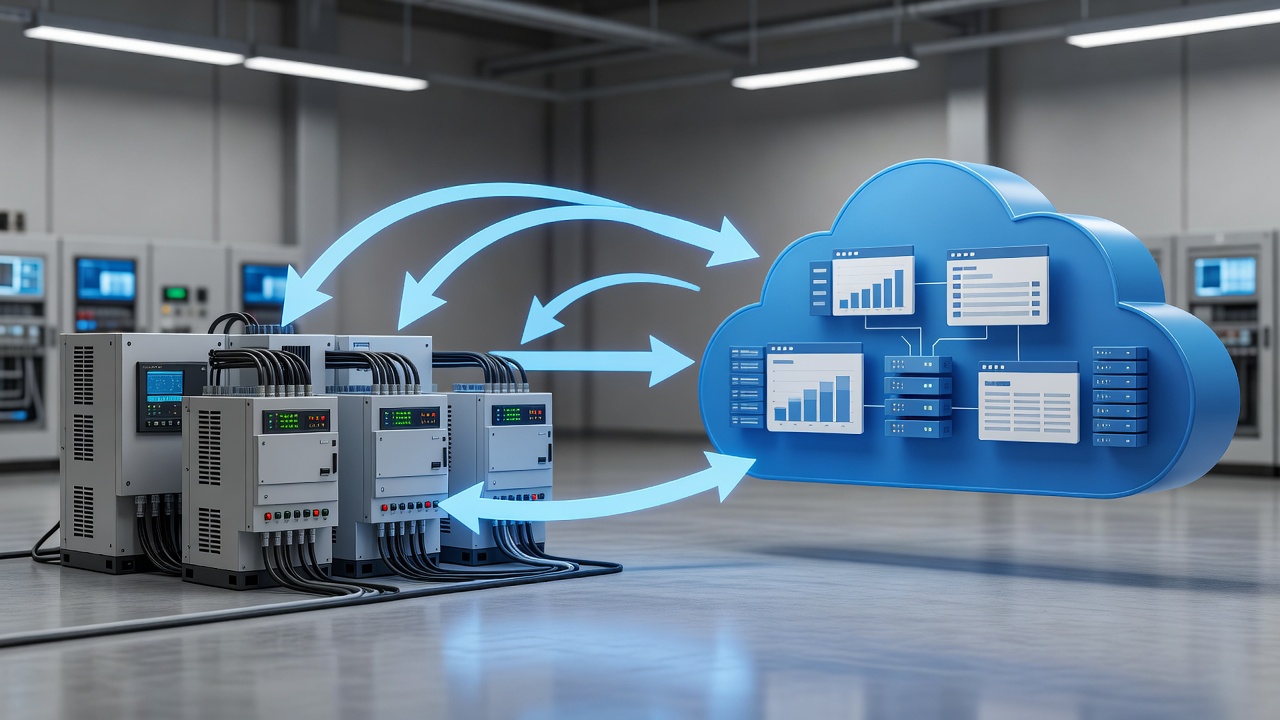 Editorial photograph of a secure hybrid cloud architecture diagram connecting factory PLC systems to Microsoft Azure via encrypted VPN with monitoring dashboards in a professional industrial setting