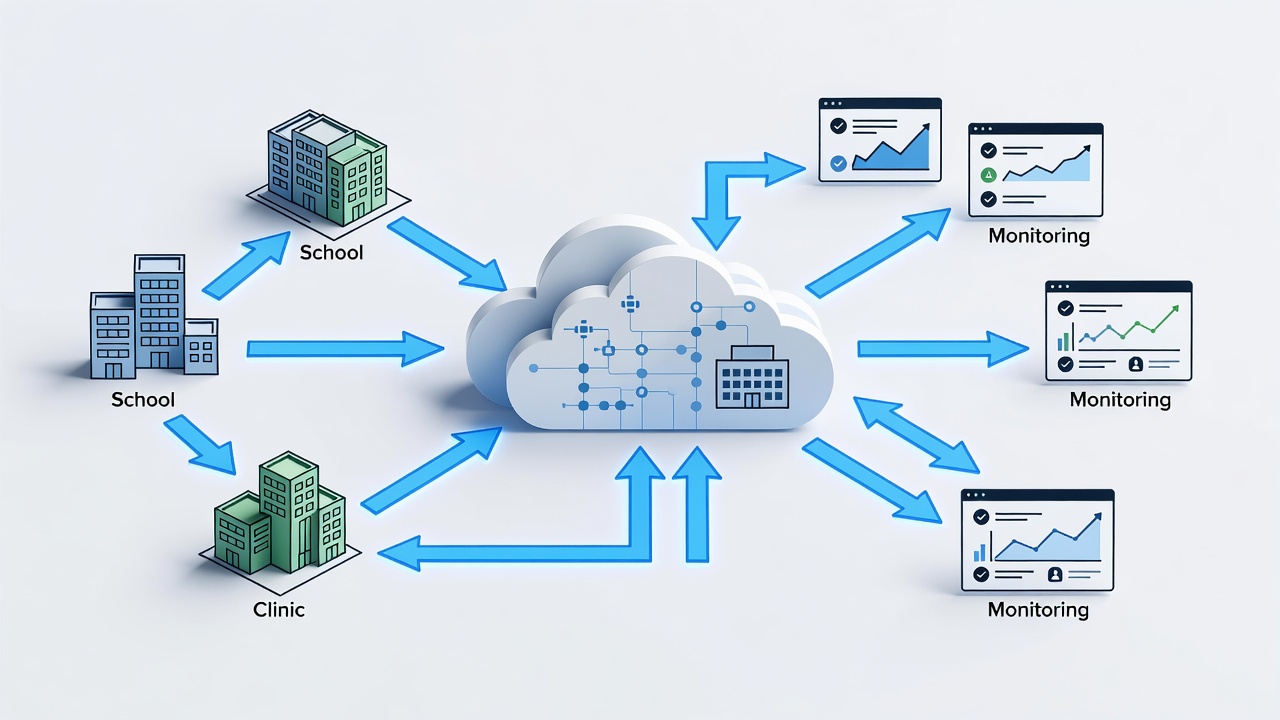 Educational diagram of hybrid cloud architecture connecting school and clinic networks to Microsoft Azure via encrypted connections with monitoring dashboards