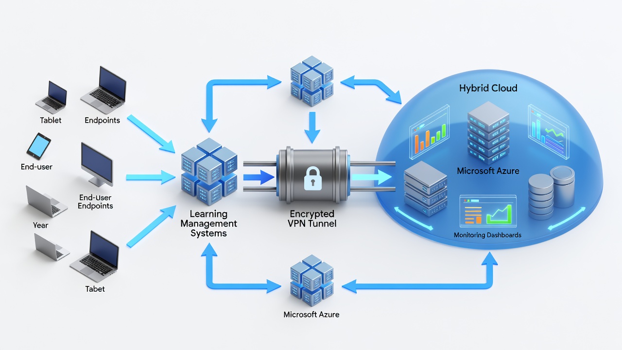 Educational diagram showing secure hybrid cloud architecture connecting classroom devices and learning management systems to Microsoft Azure via encrypted VPN with monitoring dashboards