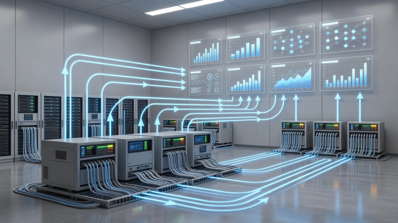 Educational photographic view of a manufacturing control room showing encrypted data pathways connecting PLC equipment to cloud monitoring dashboards with clear flow indicators, professional studio lighting, structural composition
