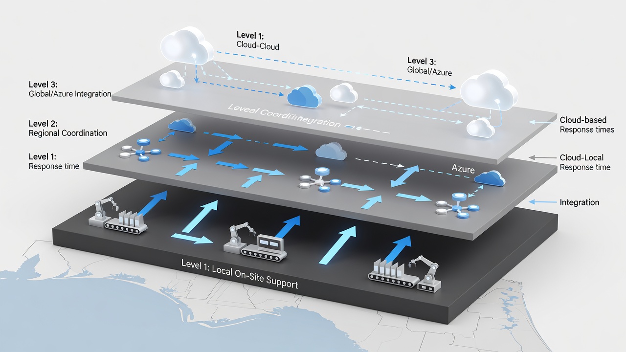 Illustrative diagram showing tiered support model with response times and Azure integration levels for manufacturing facilities in Central Florida