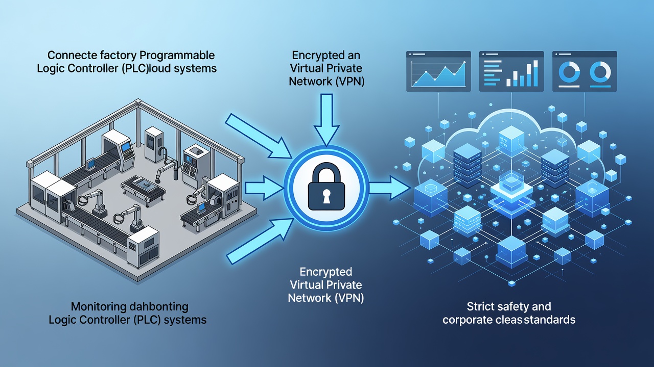 Technical diagram showing secure hybrid cloud architecture connecting factory PLC systems to Microsoft Azure via encrypted VPN with monitoring dashboards