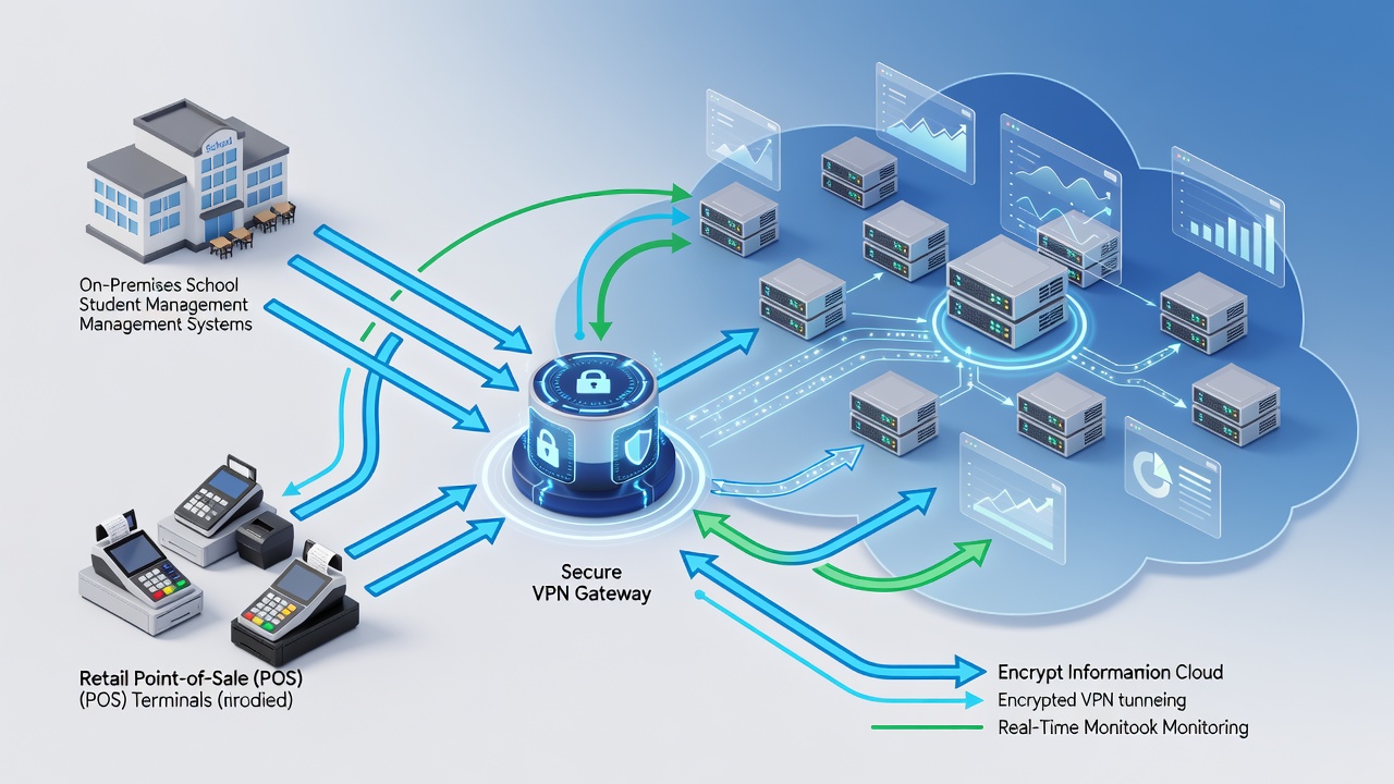 Technical diagram showing secure hybrid cloud architecture connecting school student systems and retail point-of-sale terminals to Microsoft Azure via encrypted VPN with monitoring dashboards